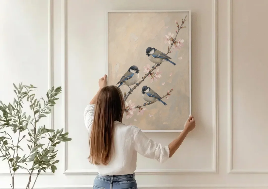 Bird on Branch Painting with Cherry Blossoms canvas wall art being hung on a paneled wall
