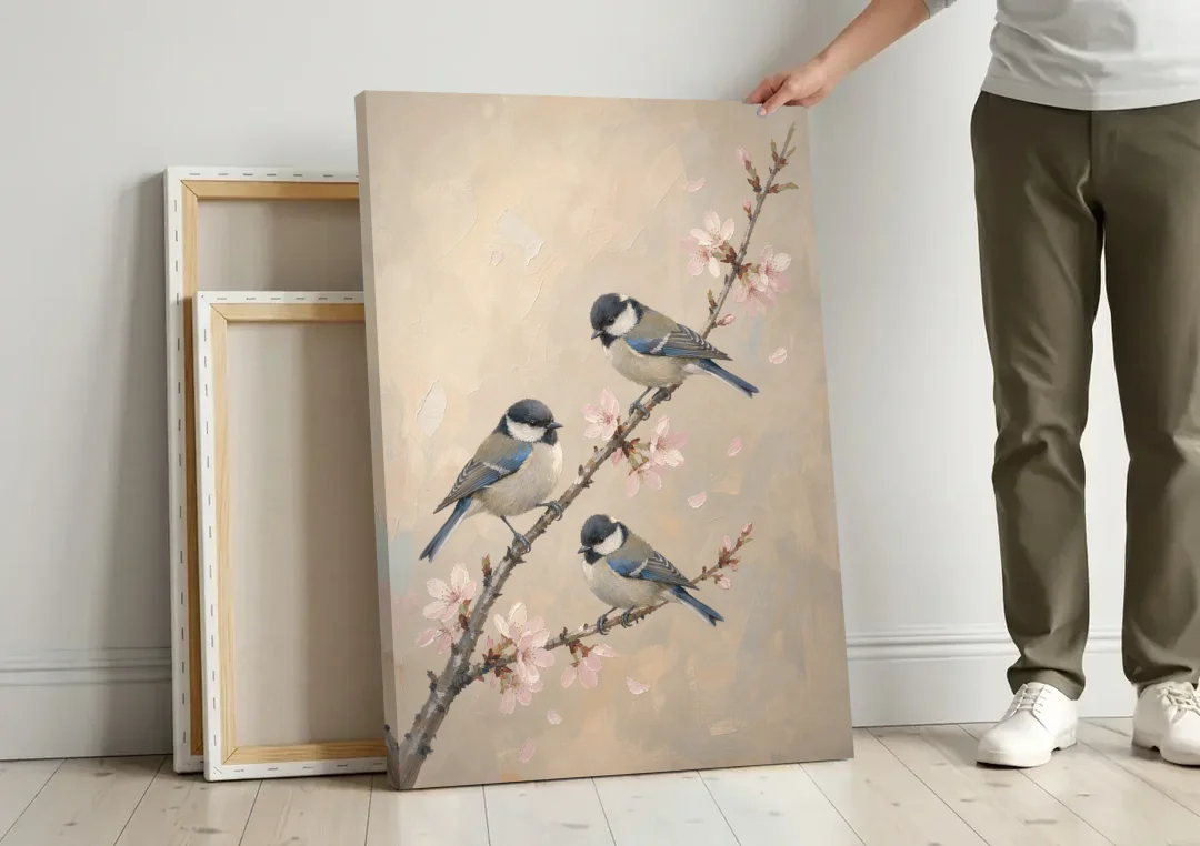 Bird on Branch Painting with Cherry Blossoms canvas wall art leaning against a wall next to blank canvases
