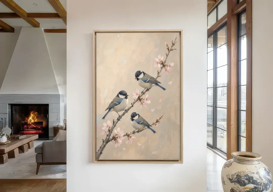 Bird on Branch Painting with Cherry Blossoms canvas wall art in a living room with a fireplace