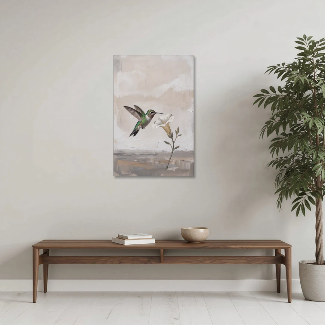 Bird Painting Canvas Hummingbird at the Pale Bloom - Canvas Wall Art - Coffee Table - 24x36