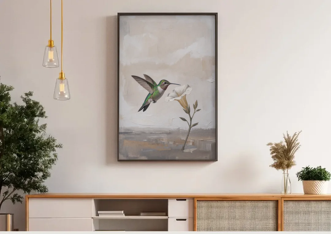 Bird Painting Canvas Hummingbird at the Pale Bloom canvas wall art above a wooden sideboard under pendant lights
