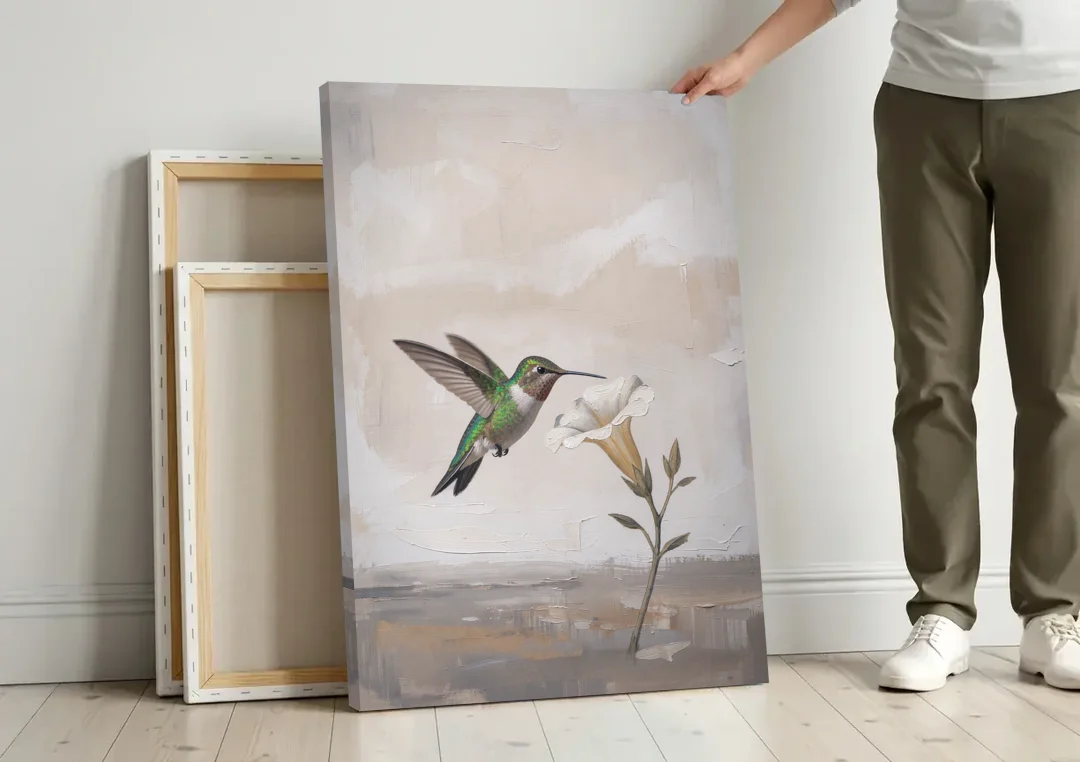 Bird Painting Canvas Hummingbird at the Pale Bloom canvas wall art leaning against a wall next to blank canvases