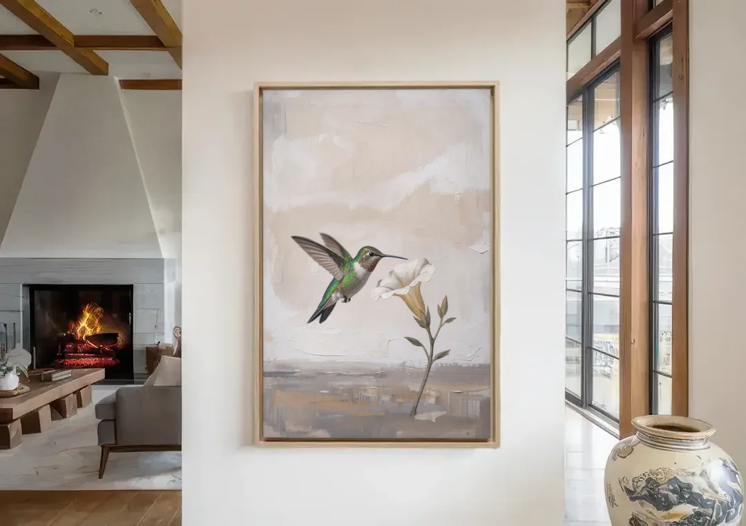 Bird Painting Canvas Hummingbird at the Pale Bloom canvas wall art in a living room with a fireplace