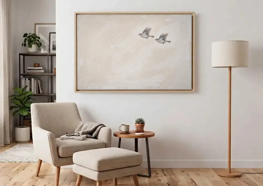 Bird Wall Art of a Pair in Beige Air canvas wall art above an armchair in a bright living room