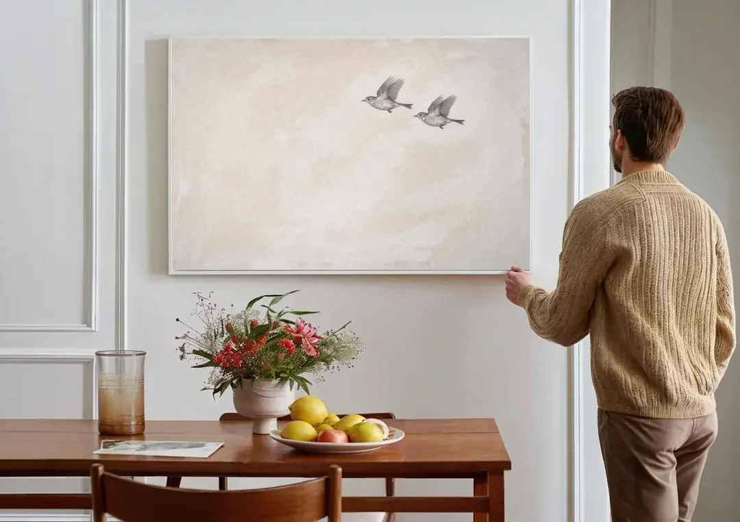 Bird Wall Art of a Pair in Beige Air canvas wall art above a dining table