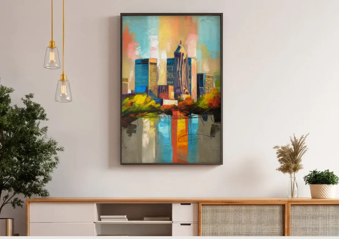 Birmingham Alabama Magic City canvas wall art above a wooden sideboard under pendant lights