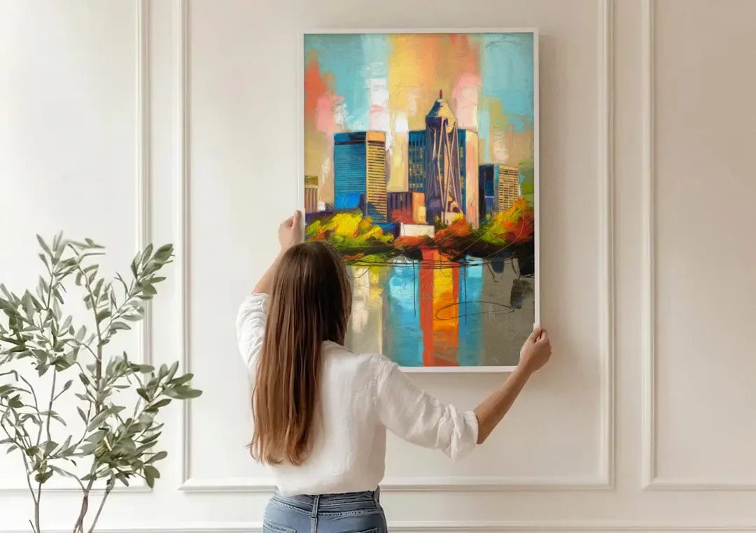 Birmingham Alabama Magic City canvas wall art being hung on a paneled wall