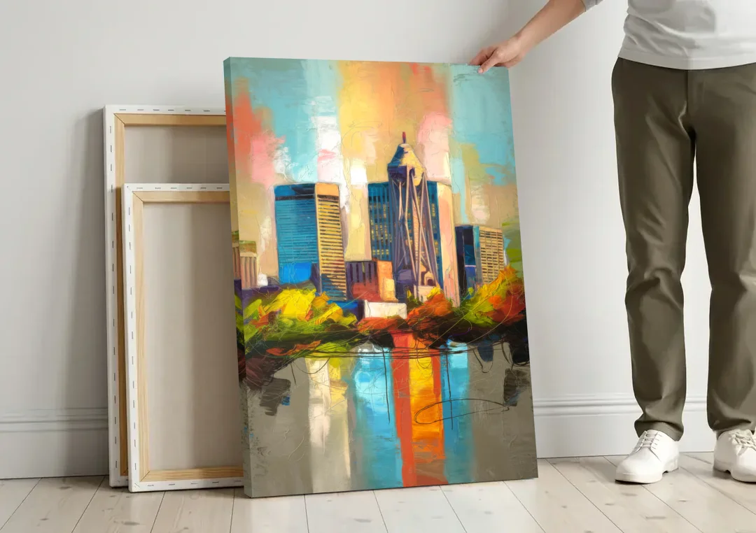 Birmingham Alabama Magic City canvas wall art leaning against a wall next to blank canvases