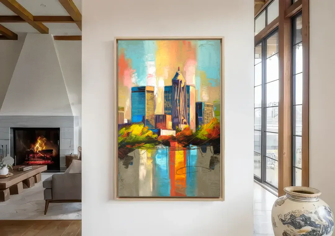Birmingham Alabama Magic City canvas wall art in a living room with a fireplace