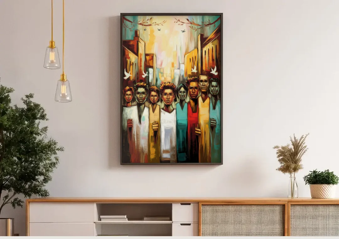 Birmingham Civil Rights District canvas wall art above a wooden sideboard under pendant lights