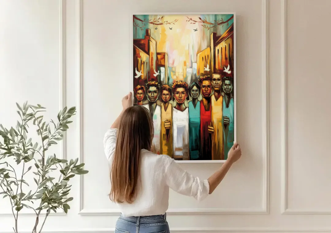 Birmingham Civil Rights District canvas wall art being hung on a paneled wall
