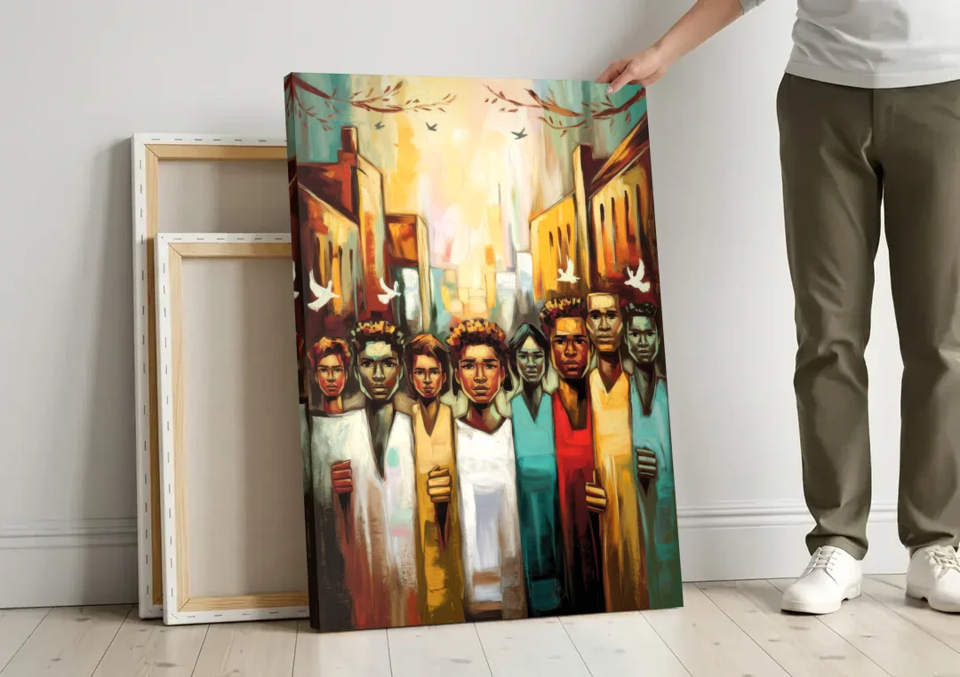 Birmingham Civil Rights District canvas wall art leaning against a wall next to blank canvases