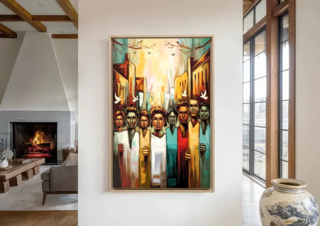 Birmingham Civil Rights District canvas wall art in a living room with a fireplace