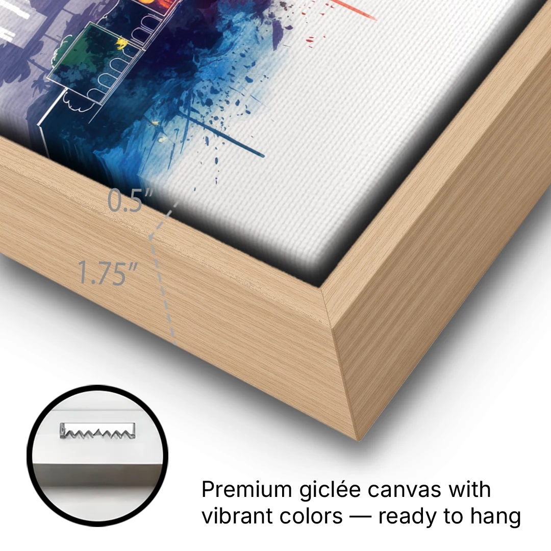 Birmingham Downtown Skyline - Oak Framed Canvas Wall Art - Gallery Wrap Corner