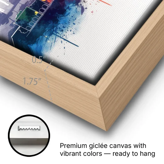 Birmingham Downtown Skyline - Oak Framed Canvas Wall Art - Gallery Wrap Corner