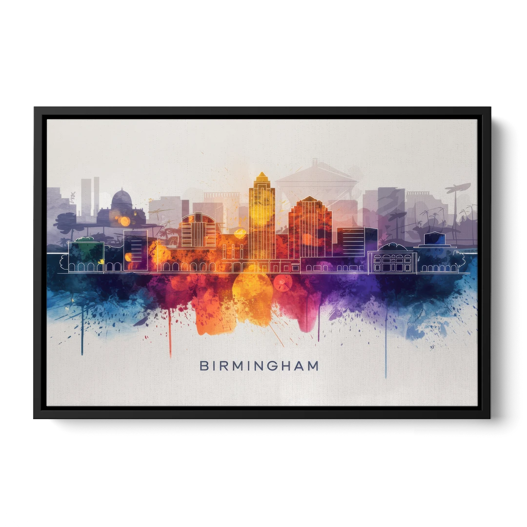 Birmingham Downtown Skyline - Black Framed Canvas Wall Art - Front