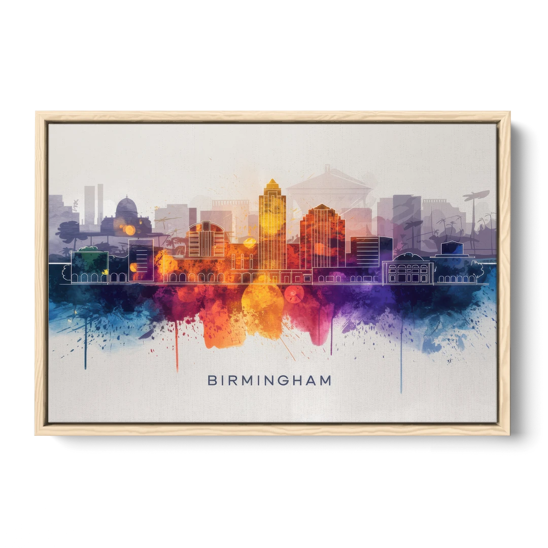 Birmingham Downtown Skyline - Oak Framed Canvas Wall Art - Front