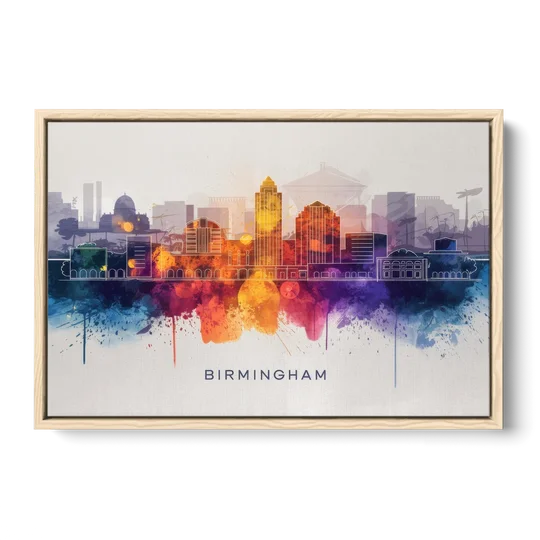 Birmingham Downtown Skyline - Oak Framed Canvas Wall Art - Front