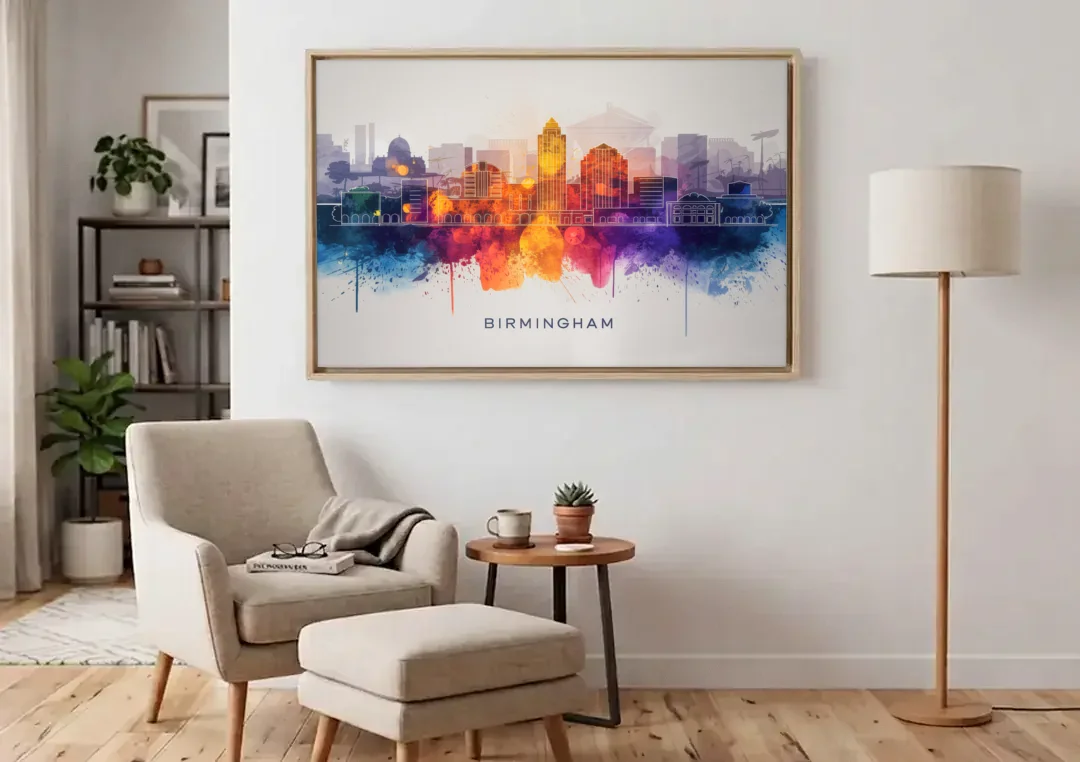 Birmingham Downtown Skyline canvas wall art above an armchair in a bright living room