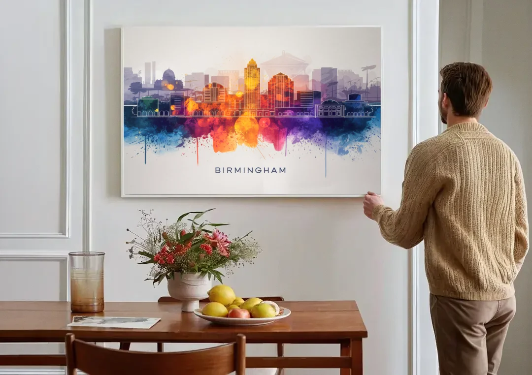 Birmingham Downtown Skyline canvas wall art above a dining table