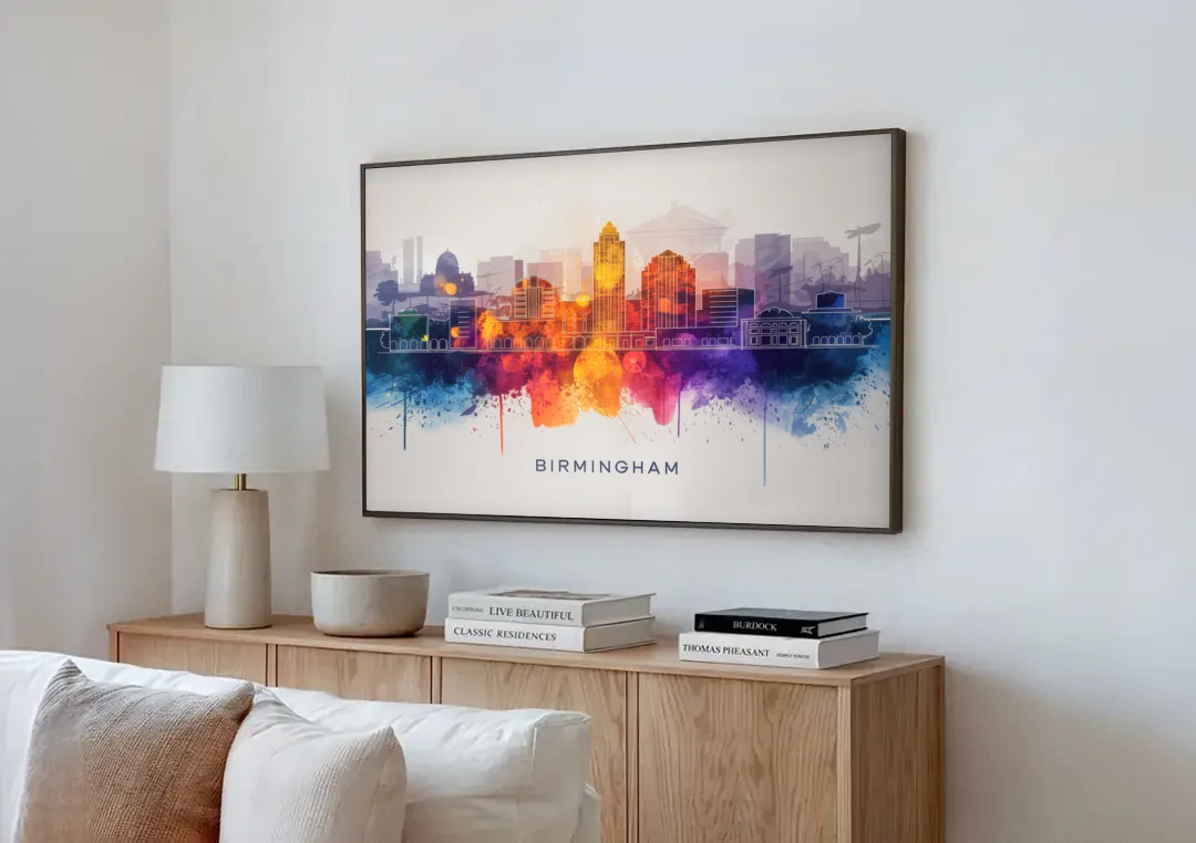 Birmingham Downtown Skyline canvas wall art above a wooden sideboard next to a sofa