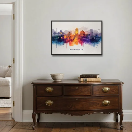 Birmingham Downtown Skyline - Black Framed Canvas Wall Art - Coffee Table - 36x24