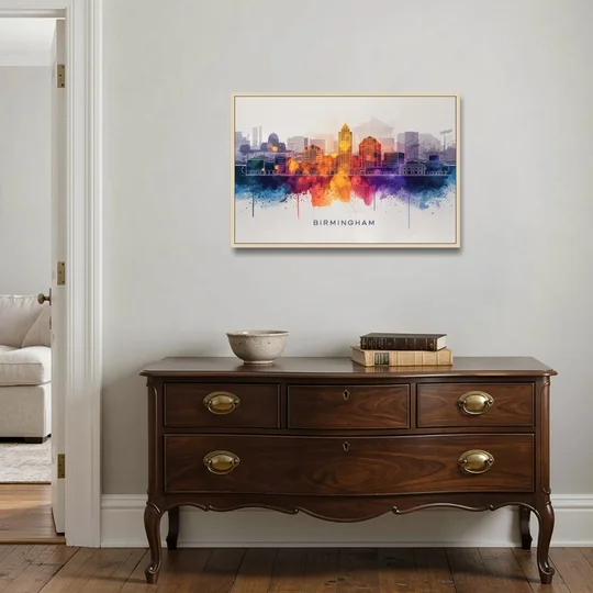 Birmingham Downtown Skyline - Oak Framed Canvas Wall Art - Coffee Table - 36x24