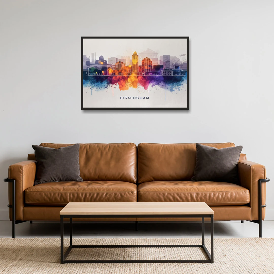 Birmingham Downtown Skyline - Black Framed Canvas Wall Art - Sofa - 36x24
