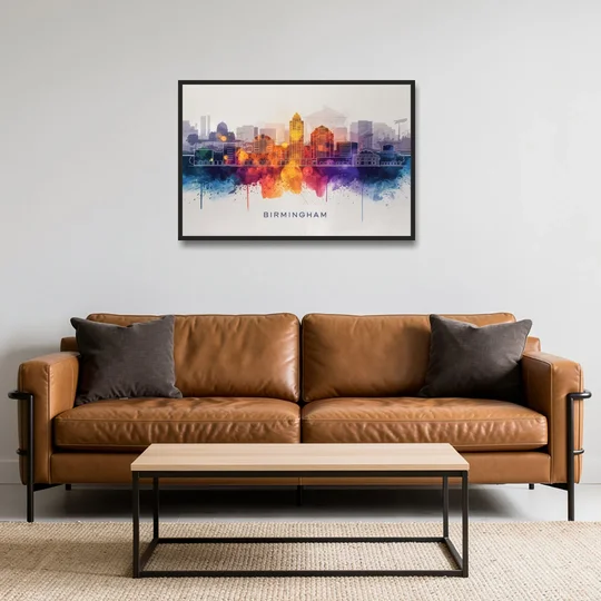 Birmingham Downtown Skyline - Black Framed Canvas Wall Art - Sofa - 36x24