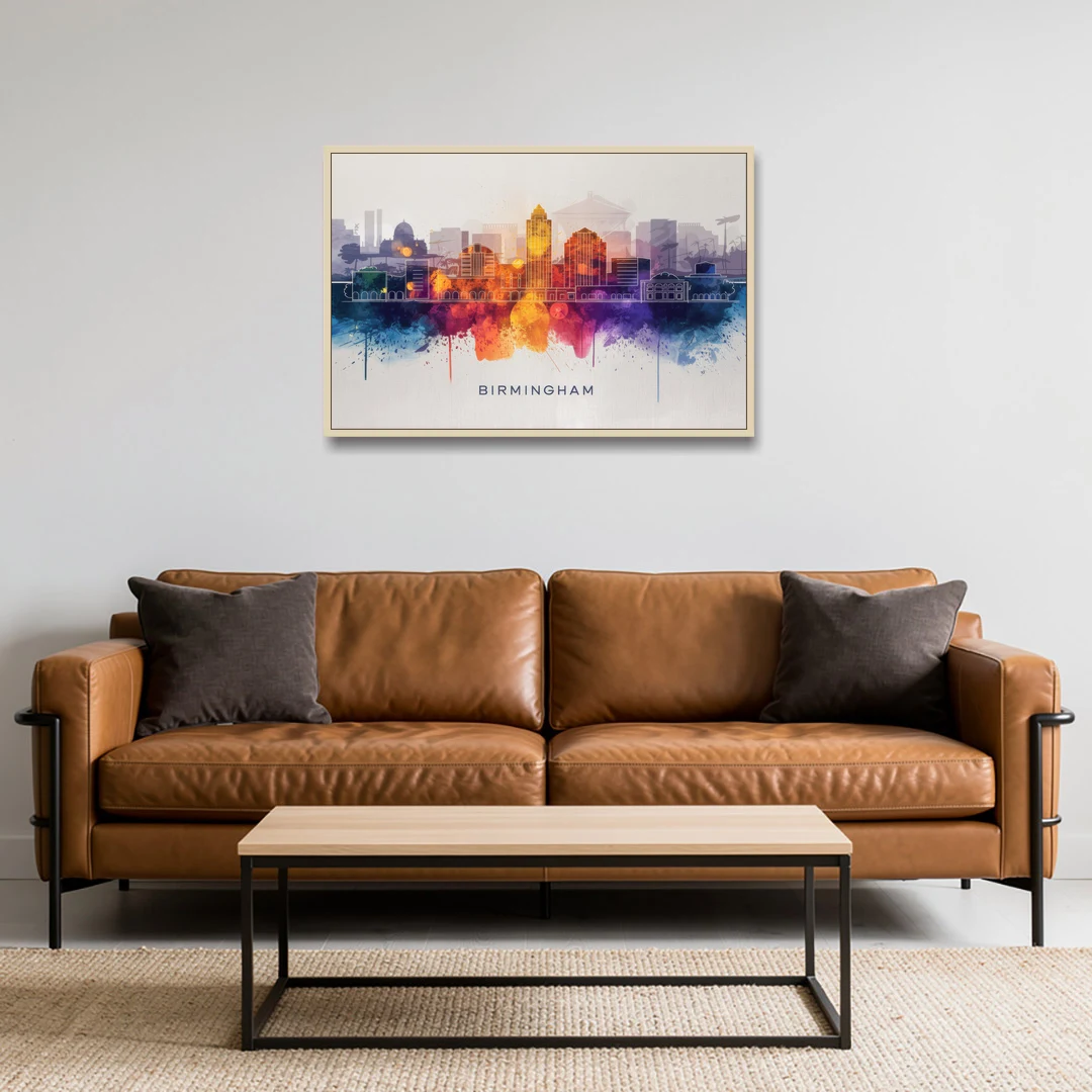 Birmingham Downtown Skyline - Oak Framed Canvas Wall Art - Sofa - 36x24