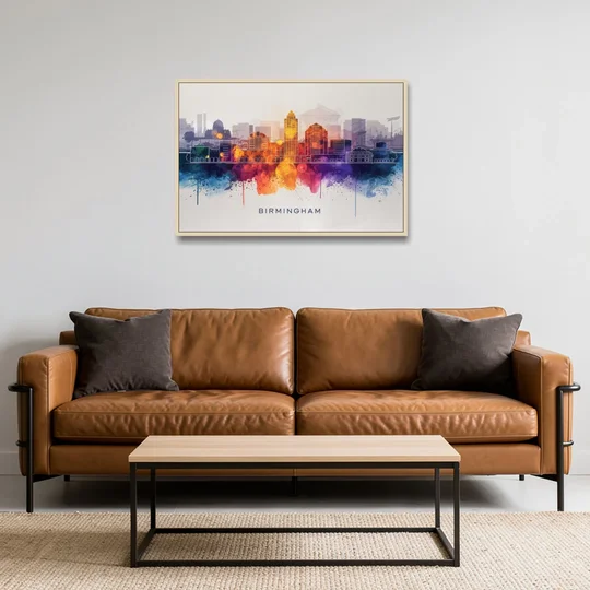 Birmingham Downtown Skyline - Oak Framed Canvas Wall Art - Sofa - 36x24