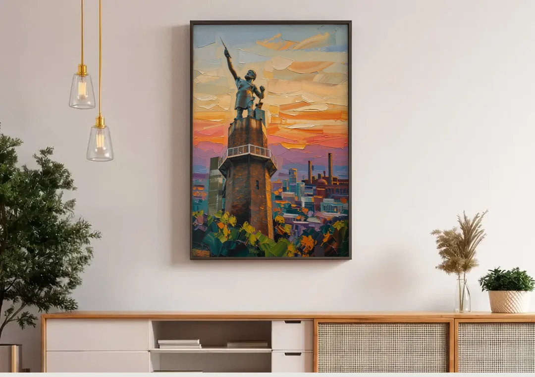 Birmingham Historic Landmarks canvas wall art above a wooden sideboard under pendant lights