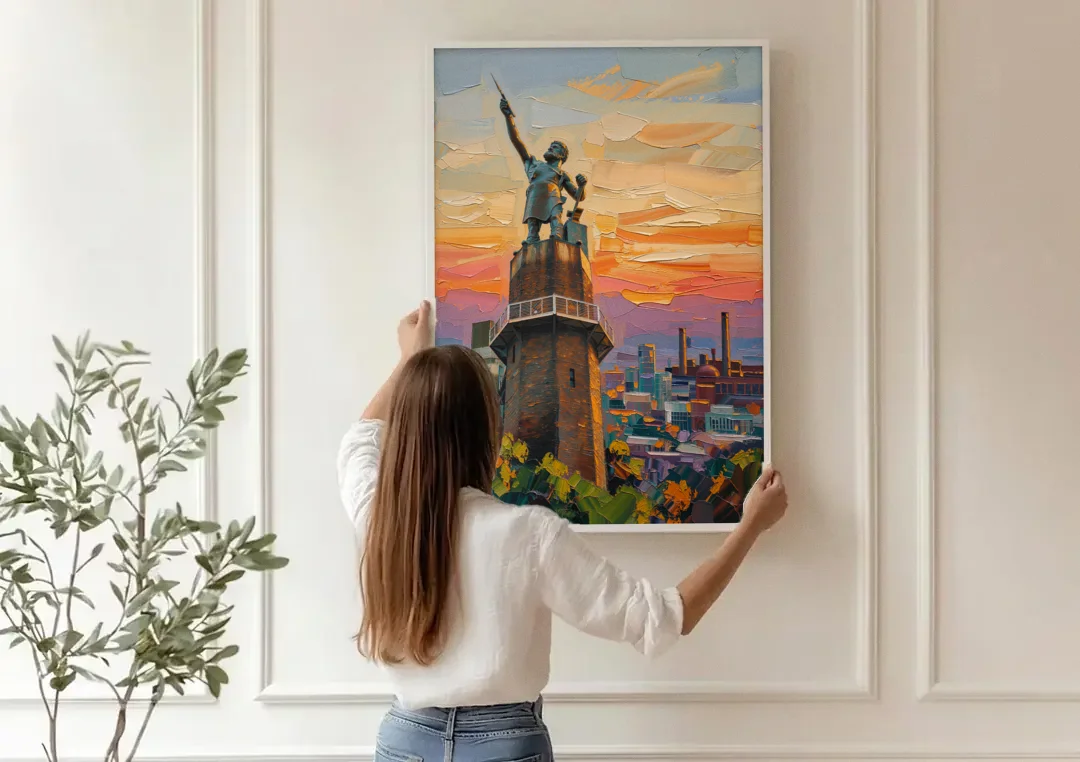 Birmingham Historic Landmarks canvas wall art being hung on a paneled wall