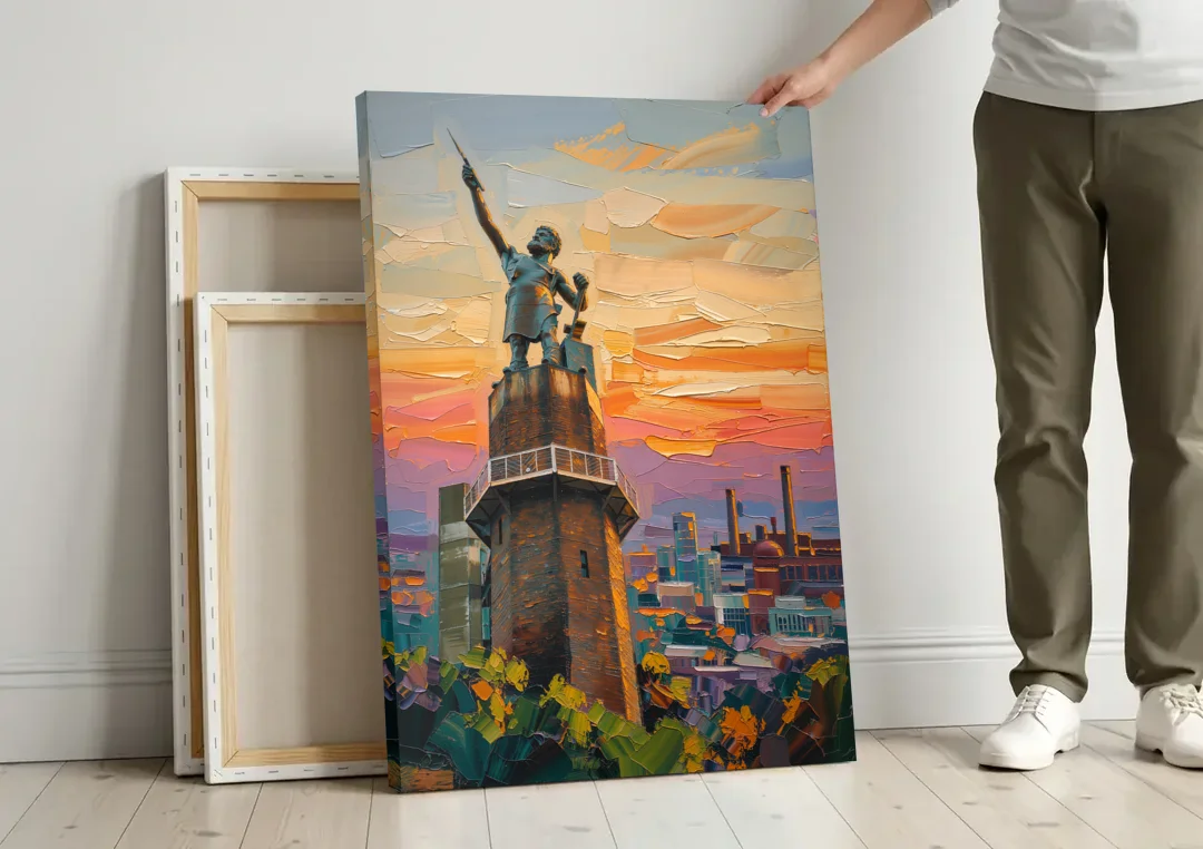 Birmingham Historic Landmarks canvas wall art leaning against a wall next to blank canvases