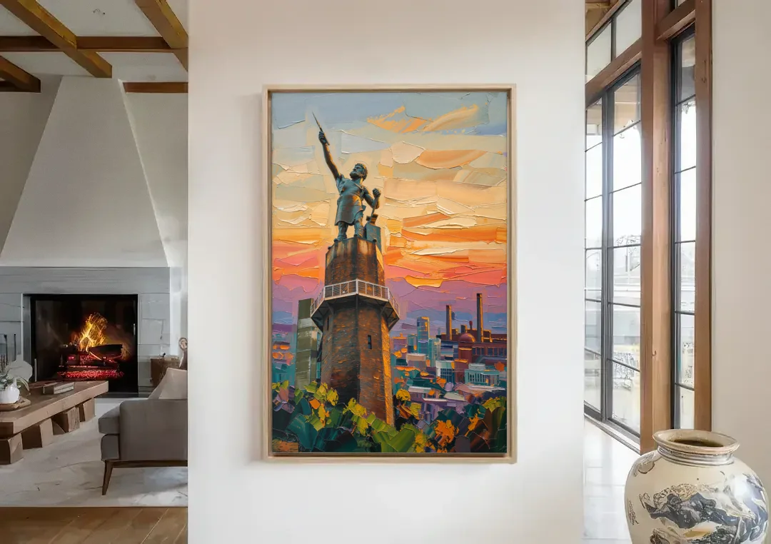 Birmingham Historic Landmarks canvas wall art in a living room with a fireplace