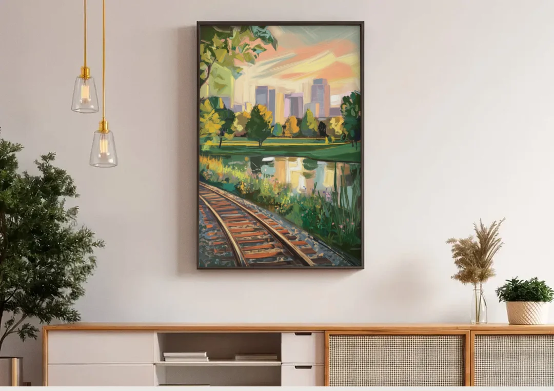 Birmingham Railroad Park canvas wall art above a wooden sideboard under pendant lights