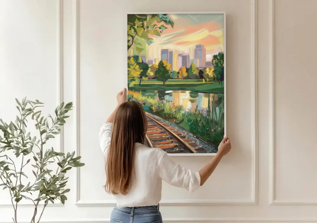 Birmingham Railroad Park canvas wall art being hung on a paneled wall