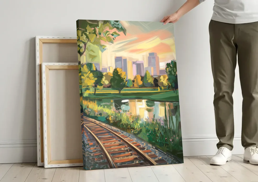 Birmingham Railroad Park canvas wall art leaning against a wall next to blank canvases