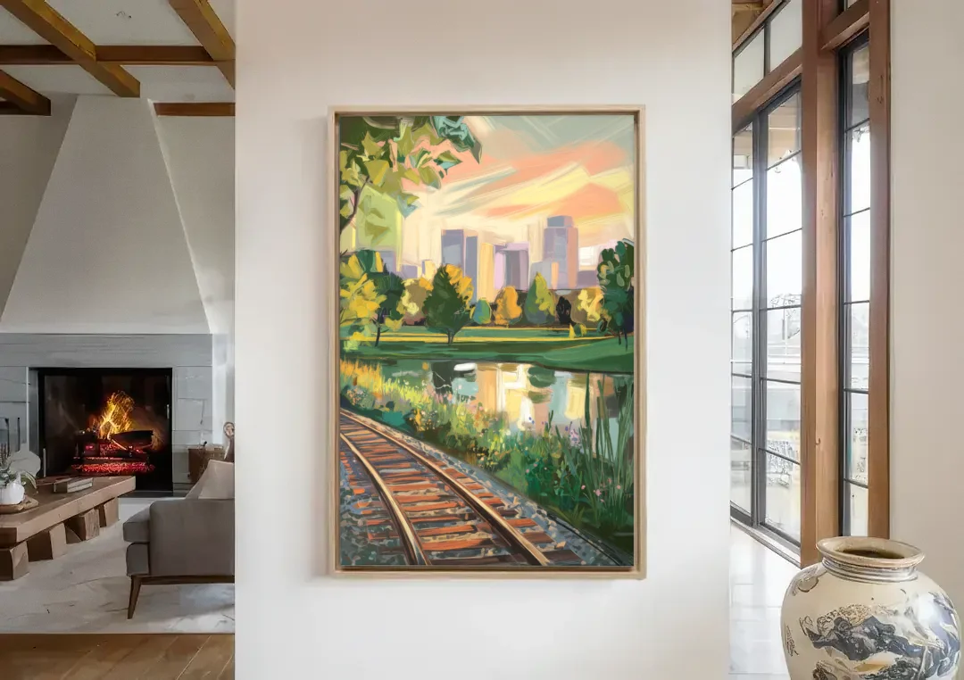 Birmingham Railroad Park canvas wall art in a living room with a fireplace