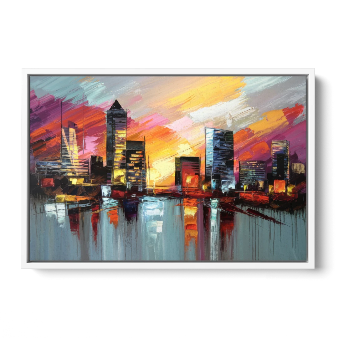 Birmingham Sunset Skyline - White Framed Canvas Wall Art - Front