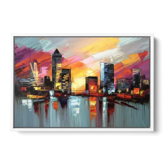Birmingham Sunset Skyline - White Framed Canvas Wall Art - Front