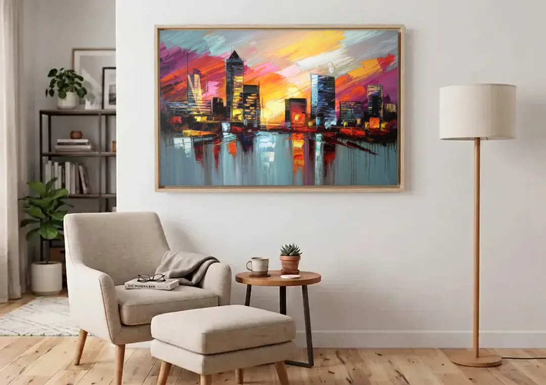 Birmingham Sunset Skyline canvas wall art above an armchair in a bright living room