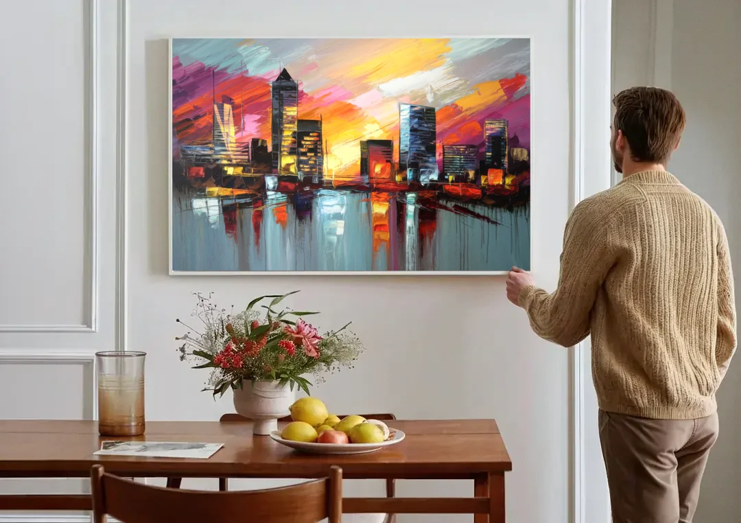 Birmingham Sunset Skyline canvas wall art above a dining table
