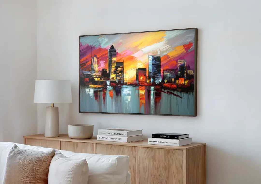 Birmingham Sunset Skyline canvas wall art above a wooden sideboard next to a sofa