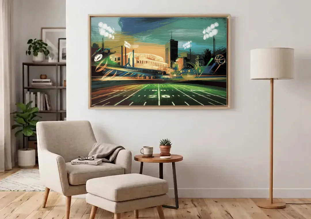 Birmingham Us Sports Teams Tribute canvas wall art above an armchair in a bright living room
