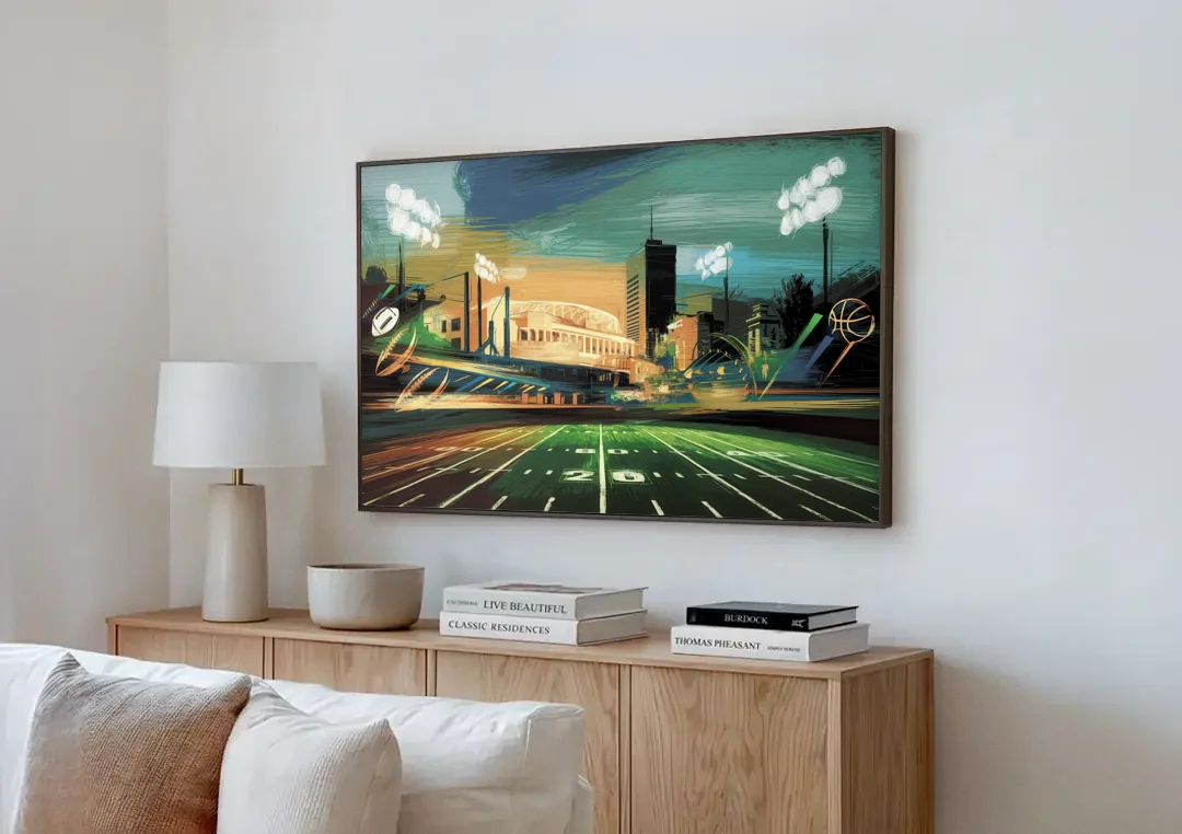 Birmingham Us Sports Teams Tribute canvas wall art above a wooden sideboard next to a sofa