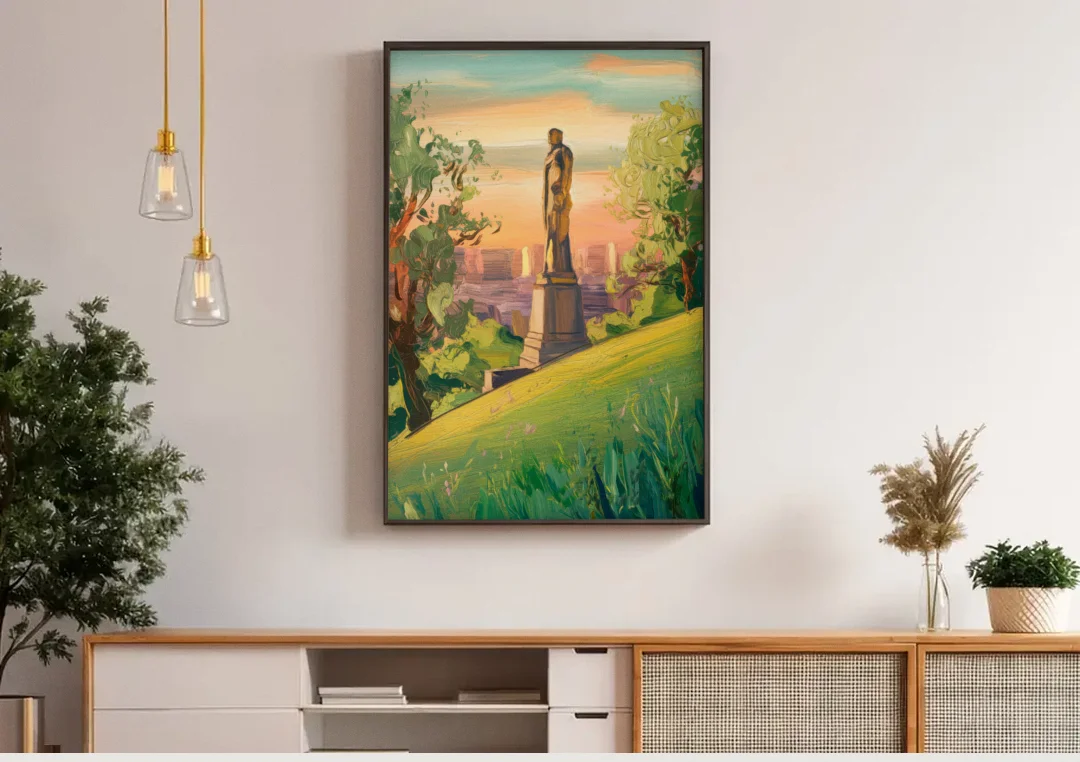 Birmingham Vulcan Statue View canvas wall art above a wooden sideboard under pendant lights