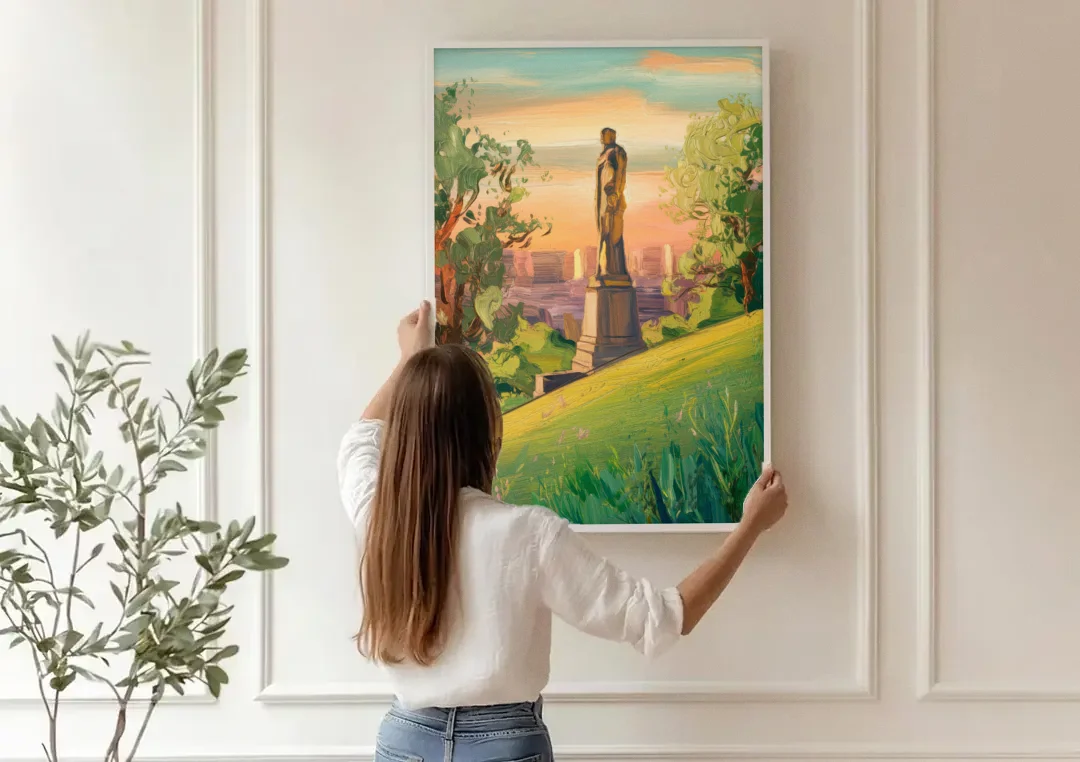 Birmingham Vulcan Statue View canvas wall art being hung on a paneled wall