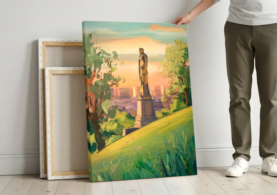 Birmingham Vulcan Statue View canvas wall art leaning against a wall next to blank canvases