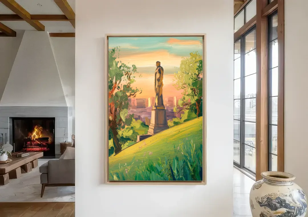 Birmingham Vulcan Statue View canvas wall art in a living room with a fireplace